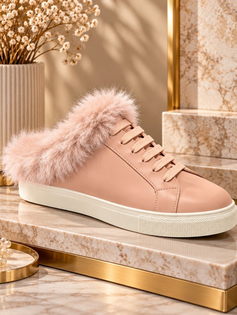 "Denice" Faux-Fur Slip-On Sneakers In Blush Size 9